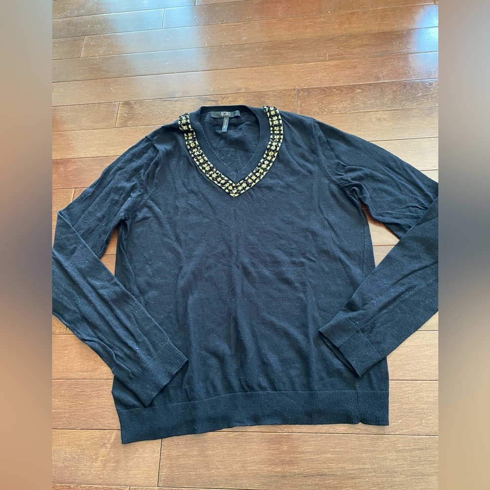 BCBG Paris Womens L Black V Neck Sweater Gold Thread Black Beaded Neckline
